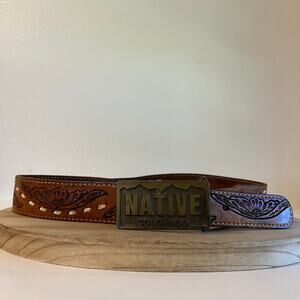 Vintage USA Miller Denver Colorado Western Brass 1991 Leather Belt Size Medium